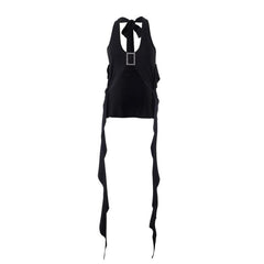 Solid halter buckle self tie ribbon backless crop top-final-sale