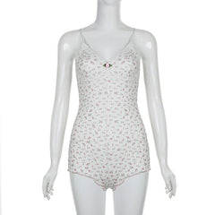 V neck textured flower print cami romper