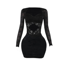 Long sleeve hollow out lace zip-up cut out mini dress
