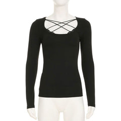 Cross front lace hem long sleeve hollow out cut out top