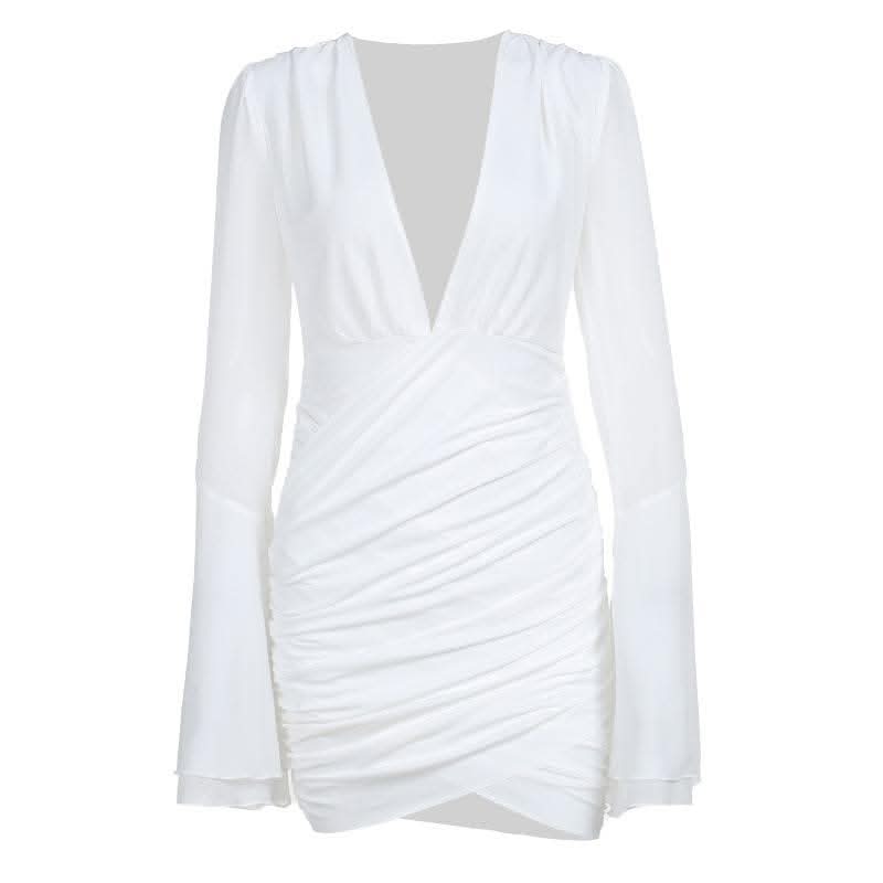 V neck long flared sleeve ruched irregular solid mini dress-final-sale