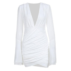 V neck long flared sleeve ruched irregular solid mini dress-final-sale