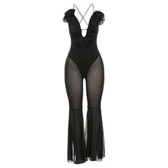 Flower applique ruffle lace up mesh cami jumpsuit