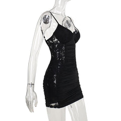 V neck lace ruched backless cami mini dress