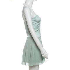 Halter button mesh backless mini dress