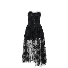 Ruffle smocked button ribbon flower print midi dress