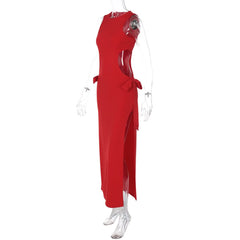 Crewneck sleeveless bowknot hollow out slit cut out maxi dress