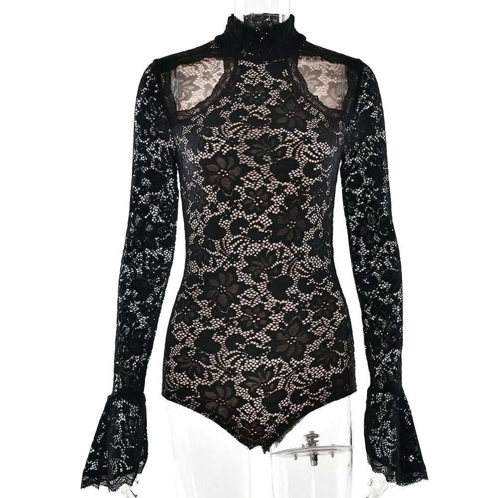 High neck long sleeve hollow out lace bodysuit-final-sale