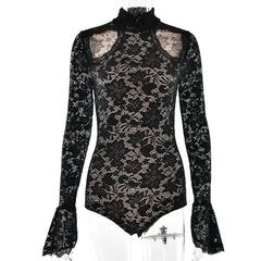 High neck long sleeve hollow out lace bodysuit-final-sale