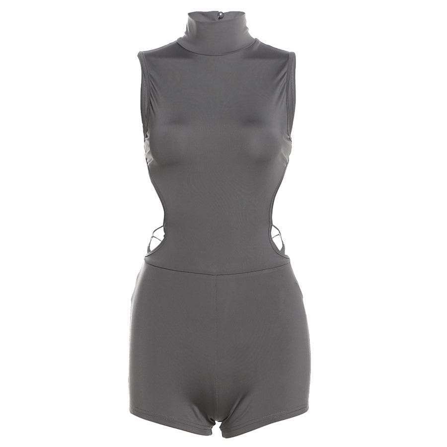 Sleeveless high neck button backless romper
