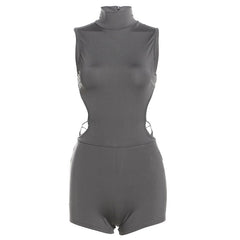 Sleeveless high neck button backless romper
