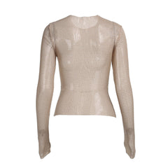 Long sleeve sheer mesh beaded crewneck top