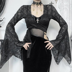 Flared sleeve v neck lace knotted top