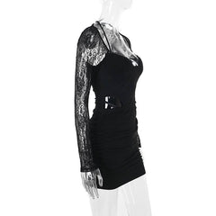 Long sleeve lace hollow out ruched self tie cut out mini dress