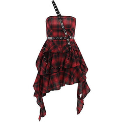 Ruffle plaid zip-up irregular one shoulder backless mini dress | victorian gothic dresses
