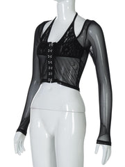 Halter long sleeve mesh lace hem button top