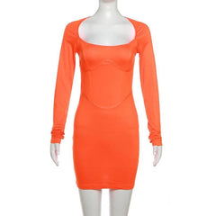 Square neck long sleeve solid corset mini dress-final-sale