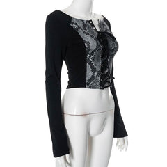 Long sleeve print lace up top