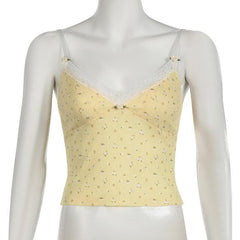Flower applique v neck print lace hem textured cami top