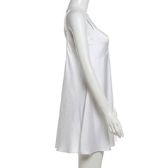 Lace hem backless solid cami mini dress