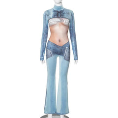 Long sleeve high neck body print zip-up contrast jumpsuit-final-sale