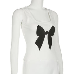 Square neck bowknot pattern ribbed tank top