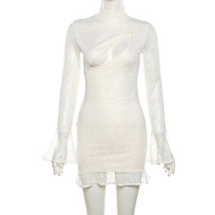 Lace solid long flared sleeve hollow out high neck ruffle mini dress-final-sale