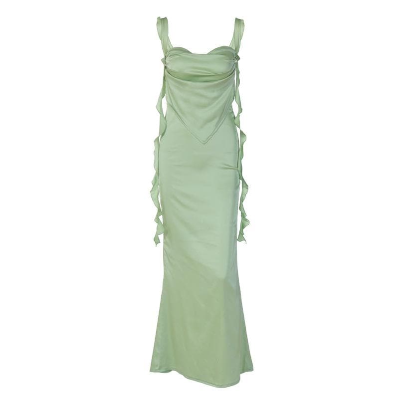 Cowl neck satin backless ruffle cami maxi dress