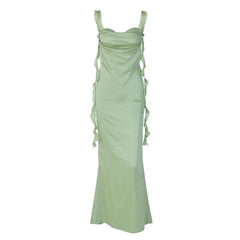 Cowl neck satin backless ruffle cami maxi dress
