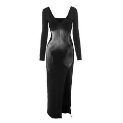 Slit long sleeve deep V neck print backless maxi dress-final-sale