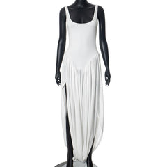 U neck ruched high slit backless cami maxi dress