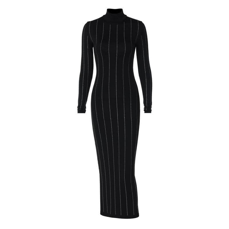 Long sleeve high neck beaded solid midi dress-final-sale