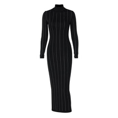Long sleeve high neck beaded solid midi dress-final-sale
