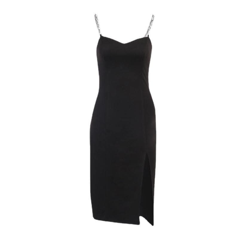 Metal chain v neck slit solid irregular backless midi dress-final-sale