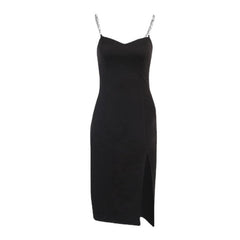 Metal chain v neck slit solid irregular backless midi dress-final-sale
