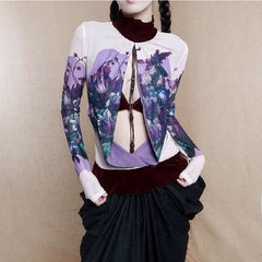 Long sleeve high neck ruffle beaded flower print top