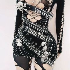 Long sleeve metal applique skull hollow out cut out mini dress