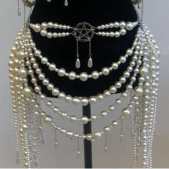 Beaded metal chain hollow out faux pearl cut out top