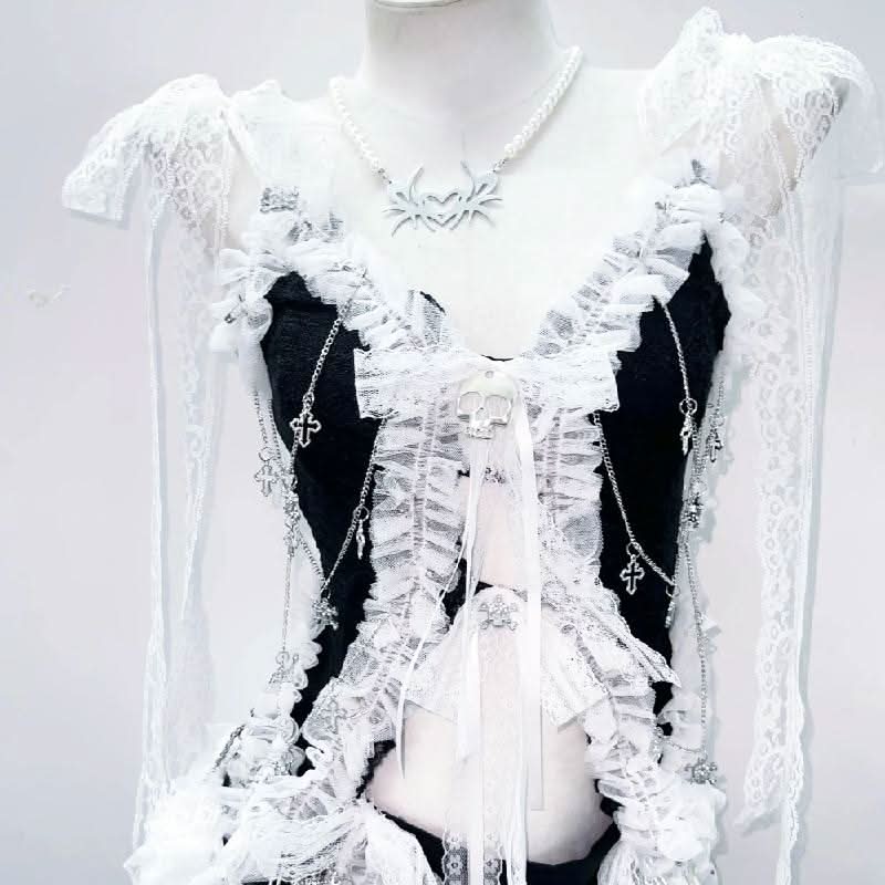 Lace hem self tie bowknot skull applique top
