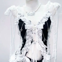 Lace hem self tie bowknot skull applique top