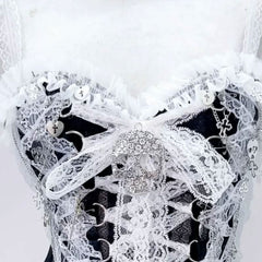Skull applique lace hem self tie v neck lace up top