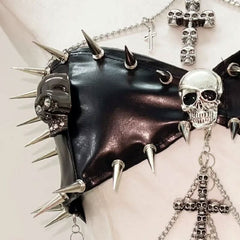Skull rivet applique PU leather pleated top