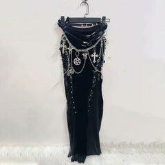 Lace up cross pattern contrast maxi skirt