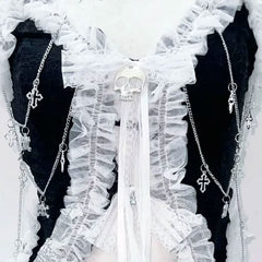 Lace hem self tie bowknot skull applique top