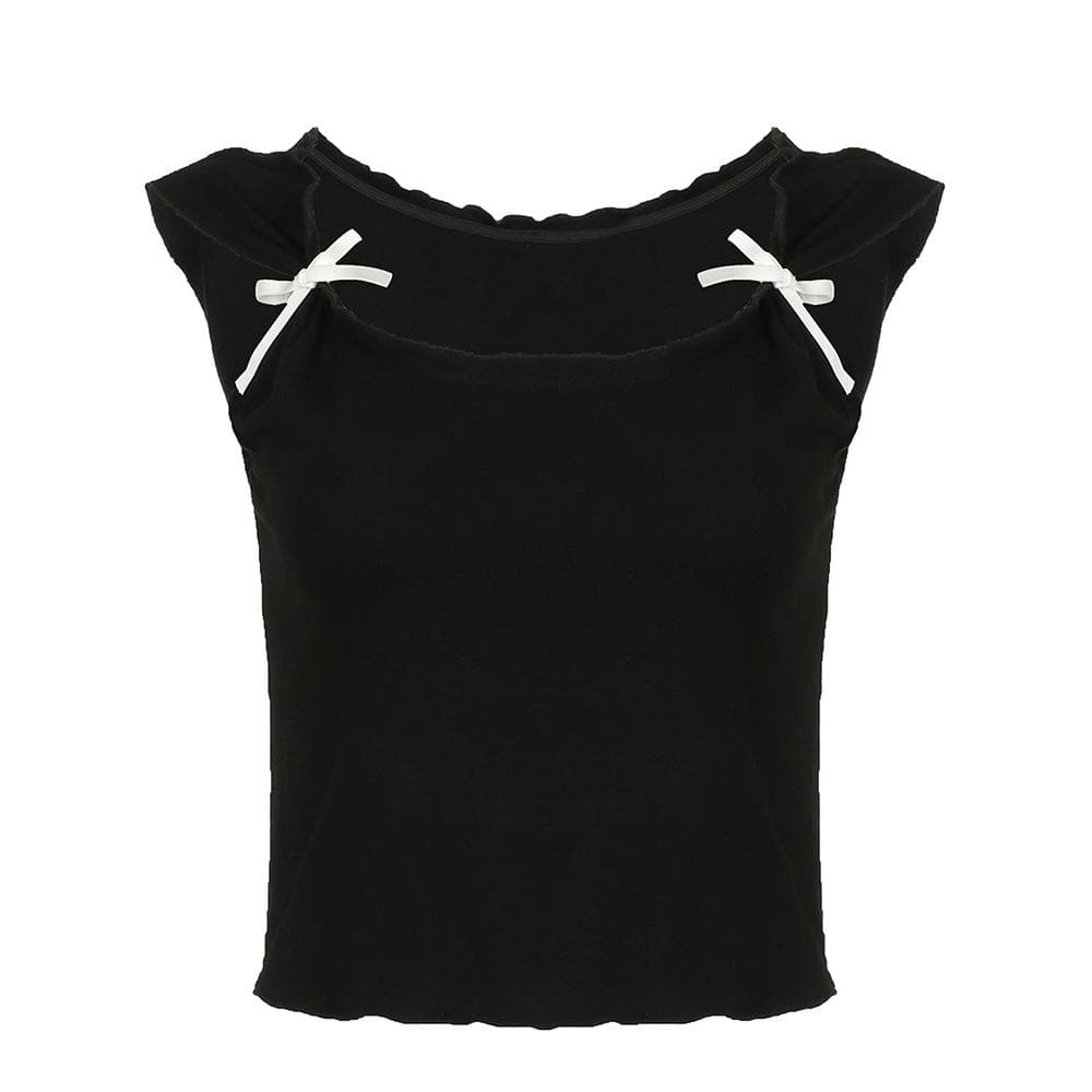 Cap sleeve bowknot u neck ruffle top