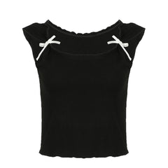 Cap sleeve bowknot u neck ruffle top