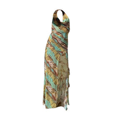 Halter cowl neck print high slit ruched maxi dress-final-sale