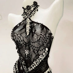 Halter hollow out beaded zip-up top