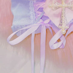 Lace hem bowknot v neck cross applique ribbon top