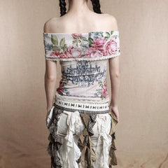 Off shoulder lace hem knotted flower print top